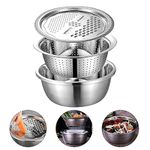 TURIK Multifunctional Chopper 3 in 1 Kitchen Multipurpose Stainless Steel Bowl and Cutter Basin Grater Solid Drain Basket Washing Julienne Salad Maker for Vegetable/Fruit Strainers Set of 1