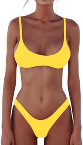 DaiLiWei Womens 2 Piece Brazilian Thong Bikini Set High Cut Swimsuit Padded Scoop Neck Push Up Top Bathing Suit Cheeky Bottom, Bikini Set Yellow, Medium