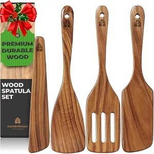 Wooden Spatula for Cooking, Kitchen Set of 4, Natural Teak Wooden Utensils including Paddle, Turner Spatula, Slotted Spatula and Wood Scraper. Nonstick cookware.