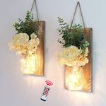 Besuerte Wall Sconces Set of 2 with Remote Farmhouse Wood Wall Art Decor for Home Living Room Bedroom Decorations with Rose Bouquet Flowers and LED Fairy Lights (Large Brown)