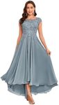 petyoo Tea Length Petite Mother of The Bride Dresses with Sleeves Modest Lace Formal Dusty Blue Bridesmaid Dress for Wedding Size 12