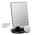 Makeup Vanity Mirror with Lights, Lighted Makeup Mirror with Detachable 10X Magnification, 21 Led Lights Adjustable Dimming Touch Sensor, Dual Power Supply, 180° Rotation, Portable Cosmetic Mirror