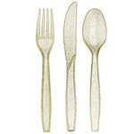 180 Gold Plastic Silverware Set | Glitter Gold Cutlery | Glitter Clear Plastic Cutlery Set | Disposable Silverware Flatware Set | 60 Gold Forks, 60 Gold Spoons, 60 Gold Knives | Fancy Party Utensils