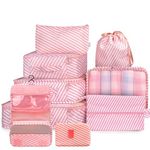 House of Quirk Polyester 9Pcs Set Travel Organizer Packing Cubes Lightweight Travel Luggage Organizers With Laundry Bag(Pink Stripes),30 Cm,12 Cm