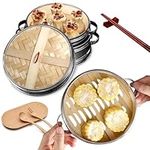 Syfunlv 2 Tiers Bamboo Steamer Basket, dumpling steamer bamboo,7.8 Inch Chinese Food Steamers,Stainless steel Rings With Lid,for Cooking Dim Sum, Buns, Dumplings, Vegetables