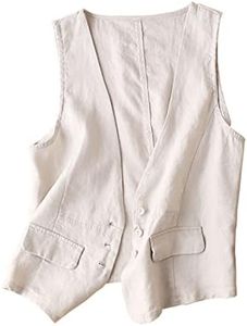 Dongfeng Women's Cotton Linen Sleeveless Vest Casual V Neck Button Down Blazer Waistcoat Jackets, Beige, X-Large