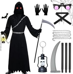 UCAMP Ensemble Costume de Faucheur aux Yeux Brillants Unisexe pour Enfants,Grim Reaper jeu de rôle avec Faucille,pour Halloween Cosplay,Carnaval