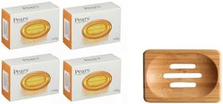 Pears Pure & Gentle Transparent Soap Bar 4x100 g (Natural Oils)+ Dr Cosi Natural Wooden Bamboo Soap Dish Storage Holder