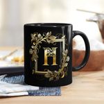 Gift Arcadia Golden Floral Alphabet Letter H Printed Coffee Mug Gift for Girl, boy,Wife,Husband,Girlfriend Boyfriend,Kids,Brother,Sister,Love and Valentines Day - 1pcs, Black, 330ml (AL-H)