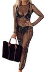 Modegal Women's Sheer Mesh Pearl Shiny Rhinestone Dress Long Sleeve Summer Swimwear Bathing Suit Cover Up, Black, 6-8