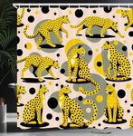 Ambesonne Pink Shower Curtain, Tropical Feels Cheetah Animal Pattern with Bohemian Polka Dotted Backdrop, Cloth Fabric Bathroom Decor Set with Hooks, 69" W x 84" L, Mustard Pale Rose Grey