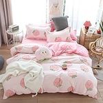 Cartoon Duvet Cover Set Double Pink Peach Bedding Set Kid Kawaii Bedding Set Girl Lovely Peach Comforter Cover Cute Fruits Quilt Cover Tropical Plant Bedding Reversible Soft Bedspread Cover Room Decor