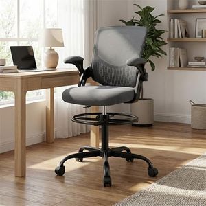 Artiss Mesh Drafting Office Chair with Flip-Up Armrests, Height Adjustable Seat, Footrest Ring, 360-Degree Swivel, Chrome Base, Grey
