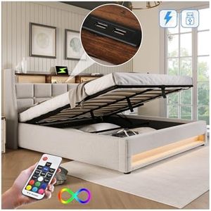 Lit 140x200 avec Sommier LED et USB, Lit Coffre 140x200 avec Rangement et Tete de Lit, Lit Double avec à Lattes Lit 2 Personnes, Lit Rembourré Cadre de lit 140x200(sans Matelas)