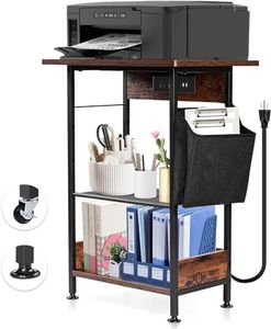 MESHDO 3-Tier Moveable Printer Stand with Charging Station, Floor-Standing Microwave Oven Stand Baker Rack with Wheels, Height Adjustable Storage Cart End Table for Home Office, Kitchen, Rustic Brown