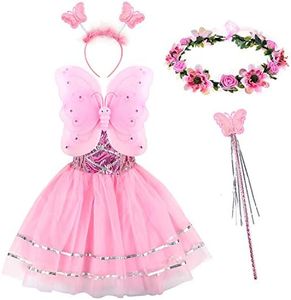 Tacobear Disfraz Hada Niña Disfraz Mariposa con Alas Hada Vestido Diademas Corona Flores Varitas Magicas Hada Mariposa Princesa Disfraces Accesorios Regalos Fiesta Cumpleaños para Niñas Niños (Rosa)