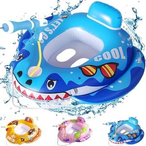 Natación Barca Hinchable Nadar Entrenador Trae Pistola Agua, Asiento de natación Inflable Tiburón Azul, Flotador de Natación para Bebé, Anillo de Natación para Niños Adecuado para 3-8 años