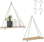 BASE ROOTS Hanging Shelves for Wall (Set of 2 with Hooks), Wooden Rope Macrame Wall Decor, Rustic Reclaimed Wood Swing Display Shelf, Shelving Indoor Storage, Natural Boho Bedoom Nursery Décor