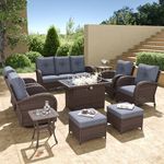Aeeiua 10 Pieces Wicker Patio Furniture Set with Fire Pit Table, Luxury Outdoor Conversation Set with High Back Swivel Rocker Chairs