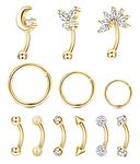 Drperfect 12pcs 16G Rook Piercing Jewelry Eyebrow Rings Stainless Steel Belly Lip Ring Cartilage Hoop Rook Daith Earrings Tragus CZ Body Piercing Curved Barbell