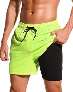 SILKWORLD Mens Swim Trunks with Compression Liner Quick Dry Board Shorts Swimwear with Zipper Pocket,Neon Green,Large