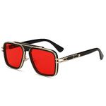 Freckles Mark Trendy Retro Sunglasses for Men Women Stark Vintage Shades 70s Italian Fashion Square Metal Glasses (Red Lens/Black Frame)
