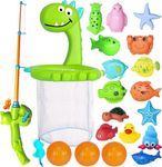 Hymaz 21Pcs Baby Bath Toys, 1 Dino Fishing Net &1 Fishing Rod & 3 Soft Ball & 15 Sea Animal Rubber Toys Children Fish Catching Game Dinosaur Bathtub Toy for Age 1 2 3 Years Old Toddlers Boys Girls