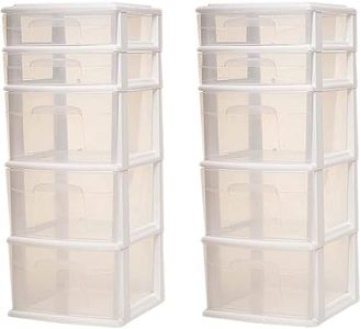 Homz 2-Pack of 5 Drawer Plastic Storage and Organizer Towers, Cabinets for Home, Office, Classroom, Craft, Art Supplies, Clothes, White Frame/Clear Drawers