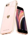 Teageo Phone Case for iPhone SE 2022 [3rd gen], SE 2020 [2nd gen], iPhone 7 Case, iPhone 8 for Women Girl Cute Love-Heart Luxury Bling Soft Back Cover Camera Protection Silicone Shockproof, Light Pink