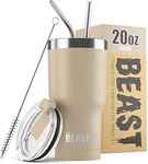 Beast Tumbler - 550 ml (20 oz), Beige Sand | Reusable Stainless Steel, Vacuum Insulated Cup | with + 2 Straws & Cleaning Brush | Double Wall Travel Flask Perfect for Hot or Iced Coffee | BPA Free