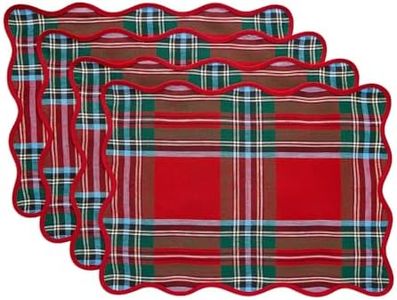 Solino Home 100% Pure Linen Placemats Plaid Scalloped, 14 x 19 in, Set of 4