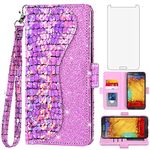 Asuwish Phone Case for Samsung Galaxy Note 3 Wallet Cover with Tempered Glass Screen Protector and Wrist Strap Flip Credit Card Holder Bling Glitter Stand Cell Glaxay Note3 N9005 Women Girls Pink