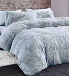 YORKSHIRE HOMEWARE Long Fluffy Teddy Duvet Cover Sets,Pillow Case Hug And Snug Fleece Faux Fur Easy Quilt Bedding (Silver, King)