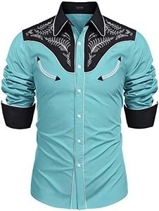 Coofandy Men's Western Embroidered Shirts Cowboy Casual Shirt Button Down Shirts, Cotton - Blue, Small