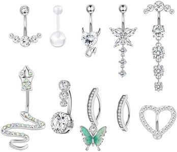 CASSIECA 10Pcs 14G Clicker Anillos de Ombligo Para Mujer Acero Inoxidable Piercing Ombligo Aro CZ Serpiente Mal de Ojo Corazón Claro Dangly Barras de Ombligo Corporal Piercing Joyas para Mujer