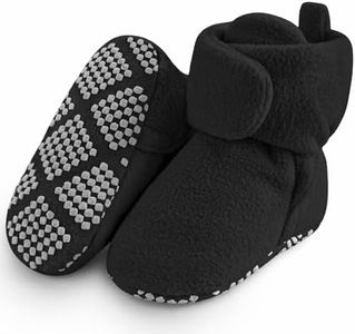 Pro Goleem Fleece Baby Booties, Warm Cozy Baby Slippers, Stay On Sock Shoes, Easy to Put on, Unisex Baby Gifts, Soft Non-Slip Adjustable Newborn Boots for Boys and Girls, Black, 6-12 Months Infant