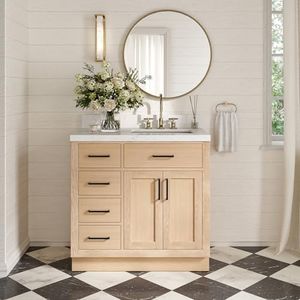 ARIEL Hepburn 36-inch Bathroom Vanity with Sink,Solid Wood, 1.5-inch Carrara White Quartz Countertop, Single Rectangular Porcelain Sink, 2 Soft Closing Doors, 5 Dovetail Drawers, White Oak