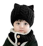 Bienvenu Baby Boys Cute Cartoon Cat Ear Knitted Hat with Matching Button Circle Scarf 2 Piece Set, Cat Black