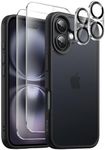 JETech 5 in 1 Matte Case for iPhone 16 6.1-Inch with 2-Pack Each Tempered Glass Screen Protector and Camera Lens Protector, Translucent Back Shockproof Phone Cover (Black)