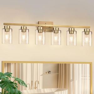 IZORRO Modern Bathroom Light Fixtures, 6 Light Gold Vanity Lights, Bathroom Lightig Fixtures Over Mirror with Clear Glass for Living Room Cabinet