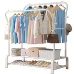 SMILOVII Heavy Duty Clothes Rail with Metal Double Coat Stand Rack, 4 Side Hooks, 2-Tier Shoe Storage Shelf，Clothes Drying Rack for Bedroom, Home Office, and Indoor Use - (White)