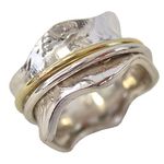 Energy Stone Meadow Petite Raised Flowers Sterling Silver Meditation Spinner Ring with Brass and Silver Spinners (Style UK04) (P 1/2)