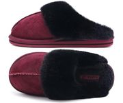 KuaiLu Womens Fluff Dual Memory Foam Slippers Ladies Warm Scuff Slippers Cozy Slip on Comfy Winter House Shoes with Non-Slip Indoor Outdoor Hard Sole Arch Support Red 9