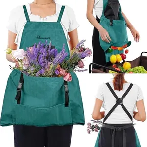 Gardening Apron with Deep Release Pockets, Garden Apron with Adjustable Back Straps, Canvas Aprons for Harvesting Picking Weeding (Green)