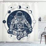 Moon Phases Shower Curtain by Lunarable, Spaceman Silhouette Sitting in Lotus Pose Yoga Chakra Zodiac Zen Harmony, Fabric Bathroom Decor Set with Hooks, 70 Inches, Dark Blue White