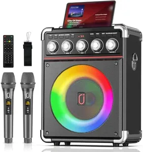 PPMIC Karaoke Machine for Adults Kids, Portable Outdoor Bluetooth Speaker with 2 Wireless UHF Microphones Supports Remote Control, DJ Light, TF Card/USB/AUX/, TWS, Bass/Treble for Party(Black