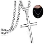 IRONBOX 925 Sterling Silver Cross Necklace for Men Women with 3MM Stainless Steel Strong Durable Wheat Chain 18K White Gold Plated Crucifix Pendant Necklace Jewelry 18 Inches