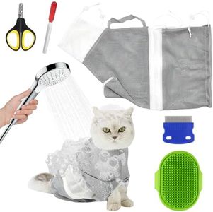 FANOVO Cat Mesh Bathing Bag, Adjustable Cat Bath Bag with Nail Clipper, Bath Brush, Nail File & Comb, Anti-Scratch Shower Bag for Pet Grooming, Bathing & Restraint, Durable Washing Bag for Cats