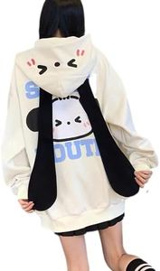 grhaat Kawaii Hoodie Zipper Harajuku Puppy Long Ear Casual Loose Hooded Sweatshirt Cutecore Y2k Graphic Pullovers, Beige, Medium