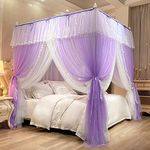 Mengersi Canopy Bed Curtains with Lights,4 Corner Bed Canopy Royal Luxurious Bed Drapes Netting,Princess Bed Curtains for Girls Adults Bedroom Decoration (Purple, Full)